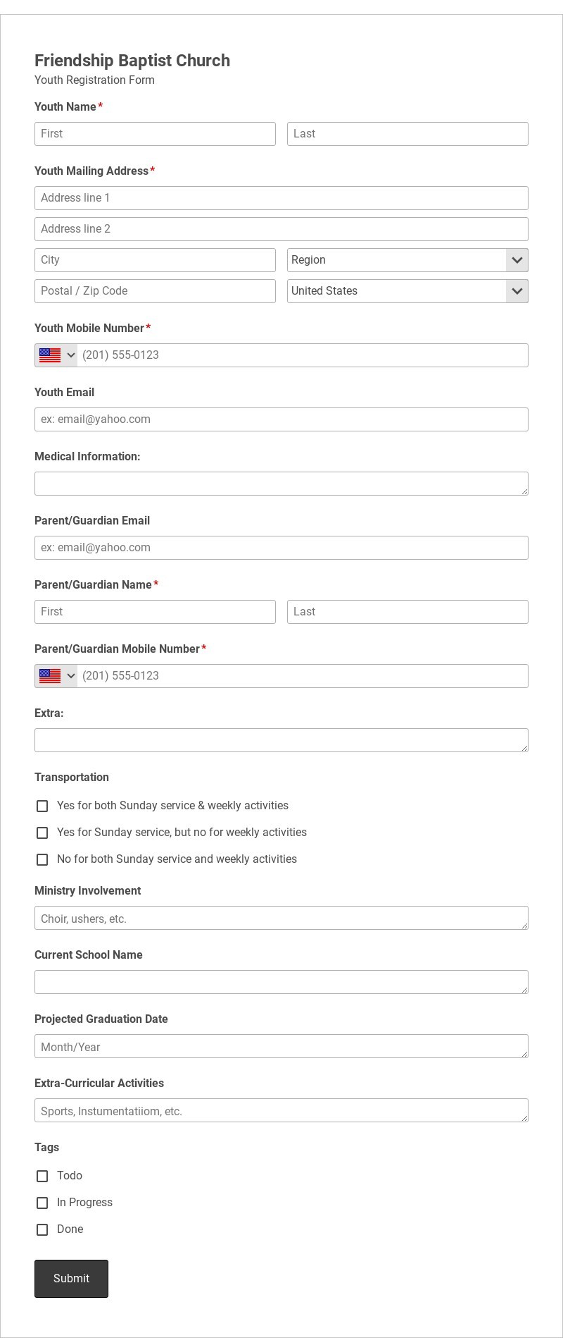 Baptist Church Youth Registration Form Template form template