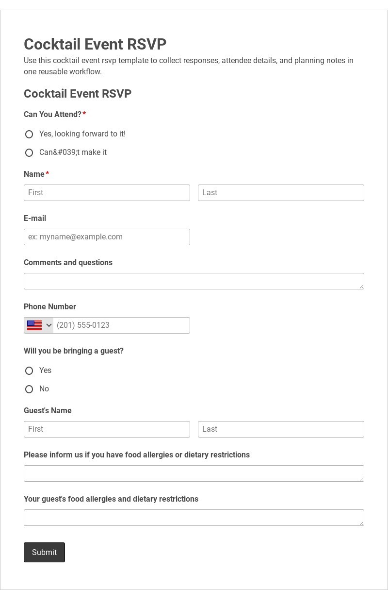 Cocktail Event RSVP form template