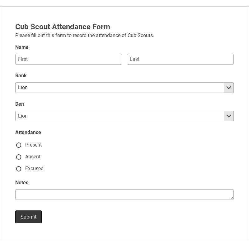 Cub Scout Attendance Form