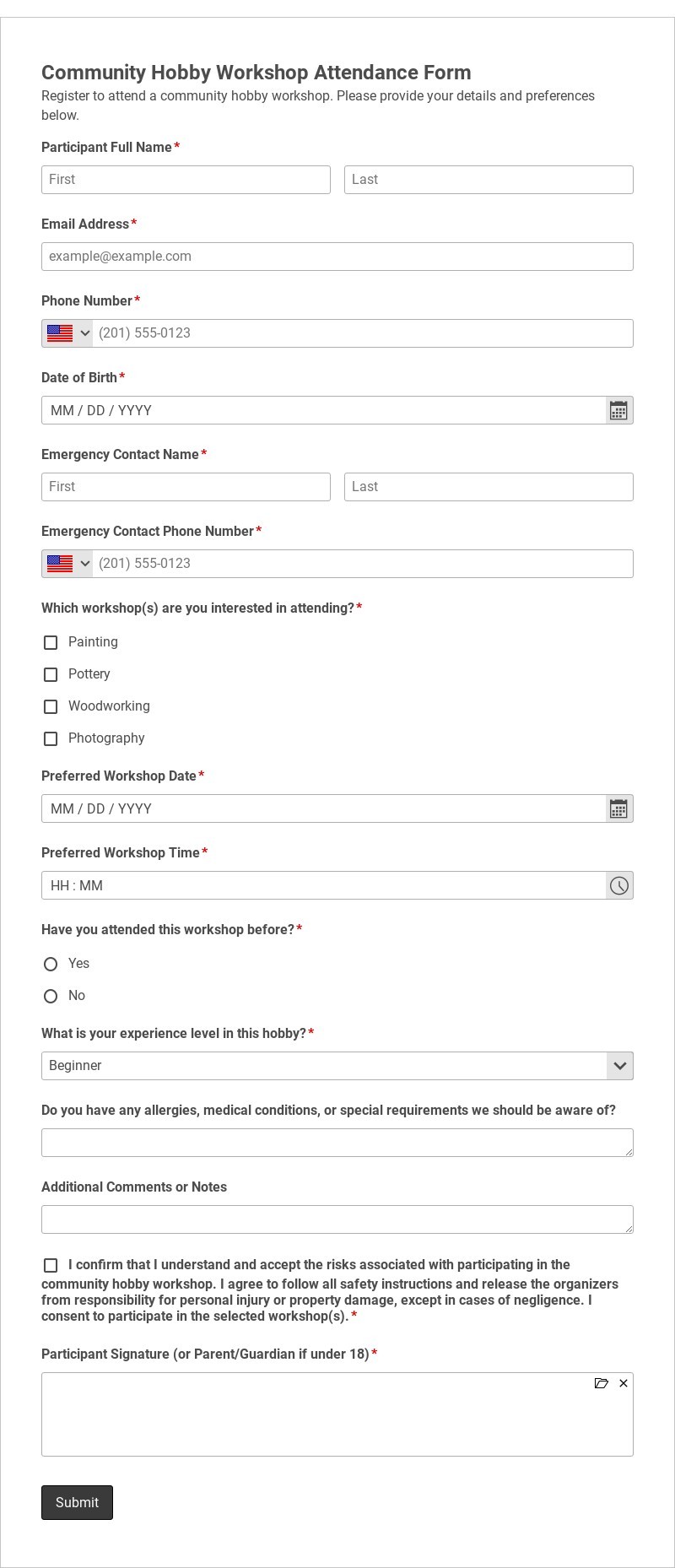 Community Hobby Workshop Attendance Form Template form template