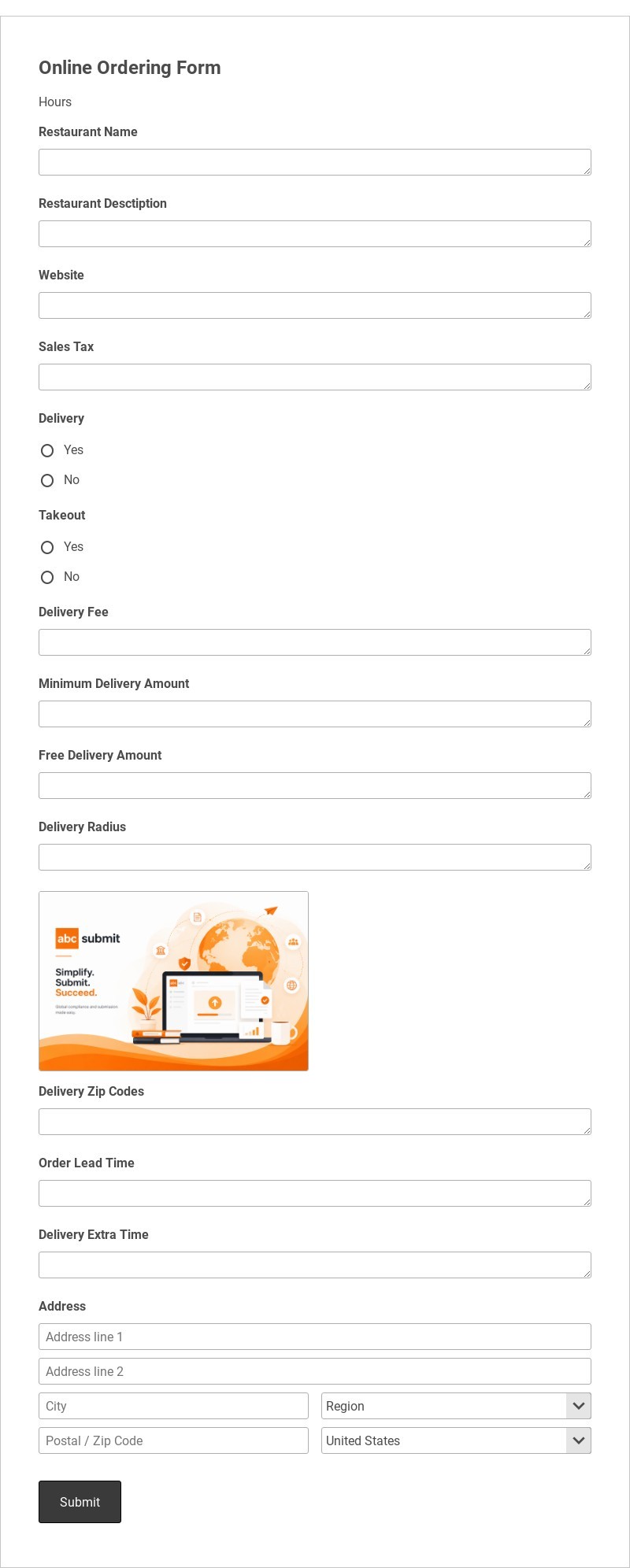Restaurant online registration Form Template
