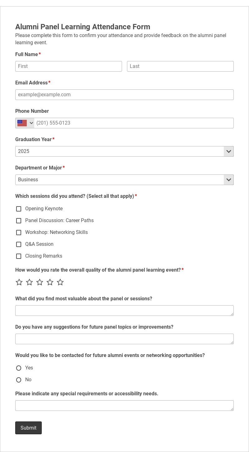 Alumni Panel Learning Attendance Form Template form template