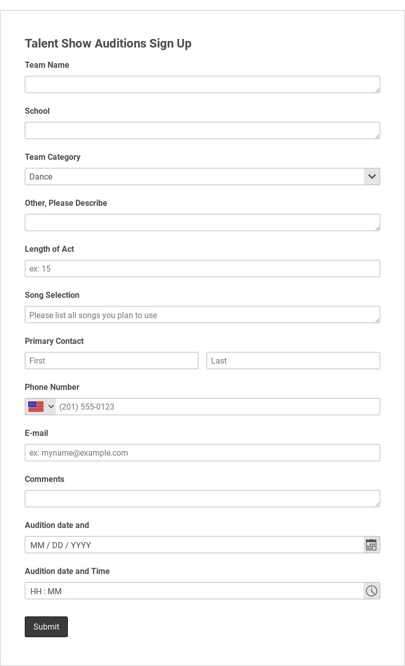 Talent Show Auditions Sign Up Form Template form template