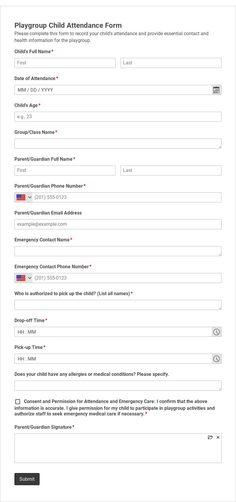 Playgroup Child Attendance Form