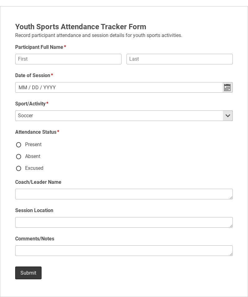 Youth Sports Attendance Tracker Form Template form template