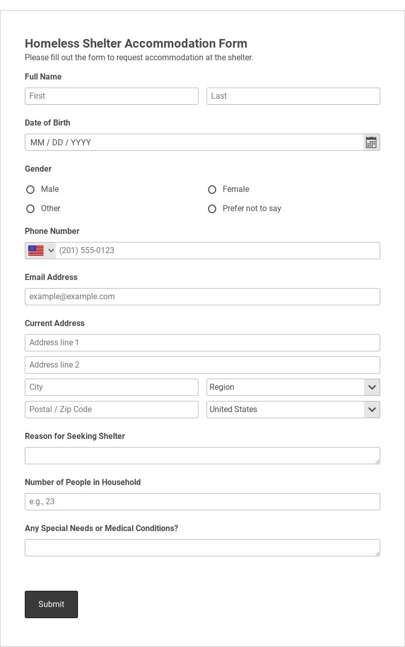 Homeless Shelter Accommodation Form Template form template