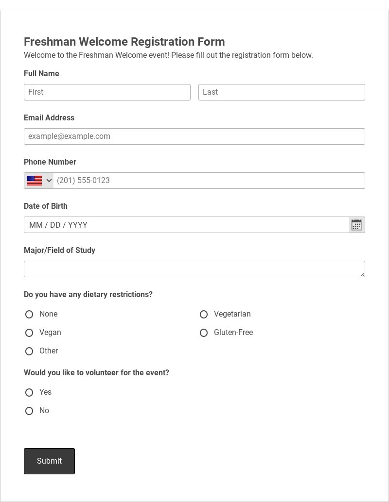 Freshman Welcome Registration Form Template form template