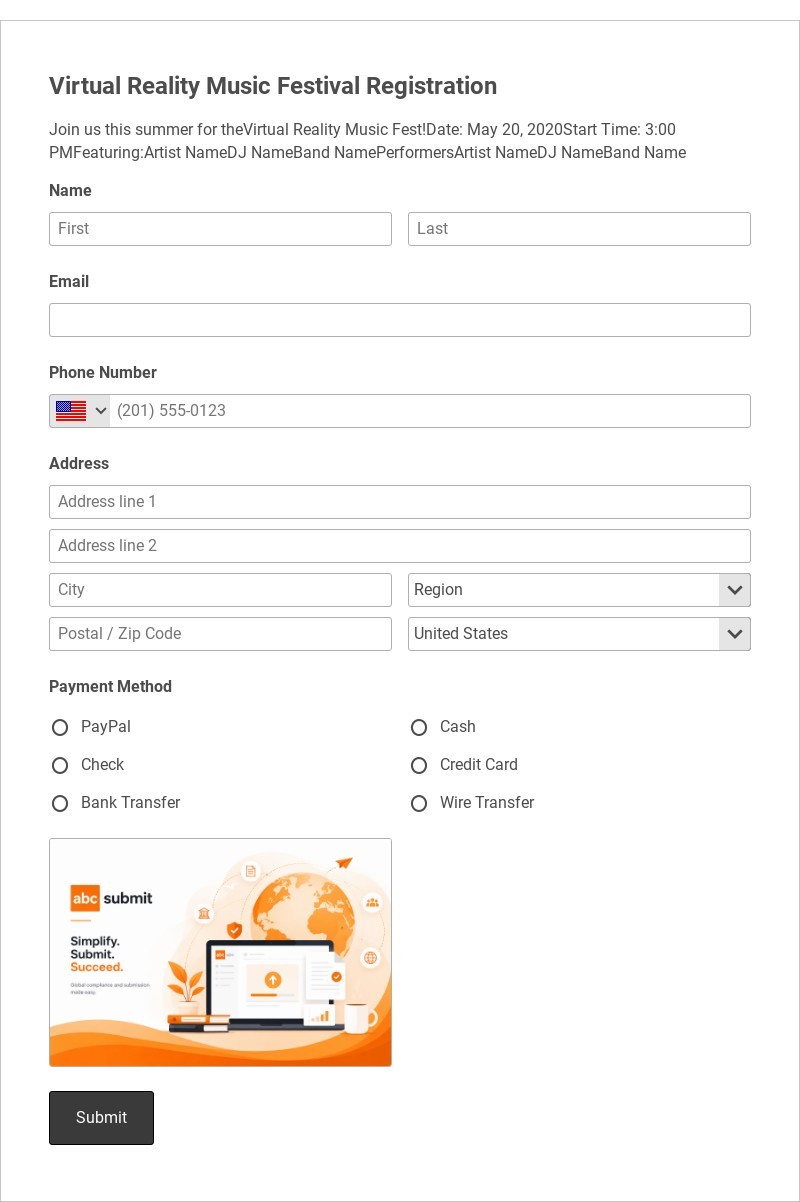 Virtual Reality Music Festival Registration Template form template