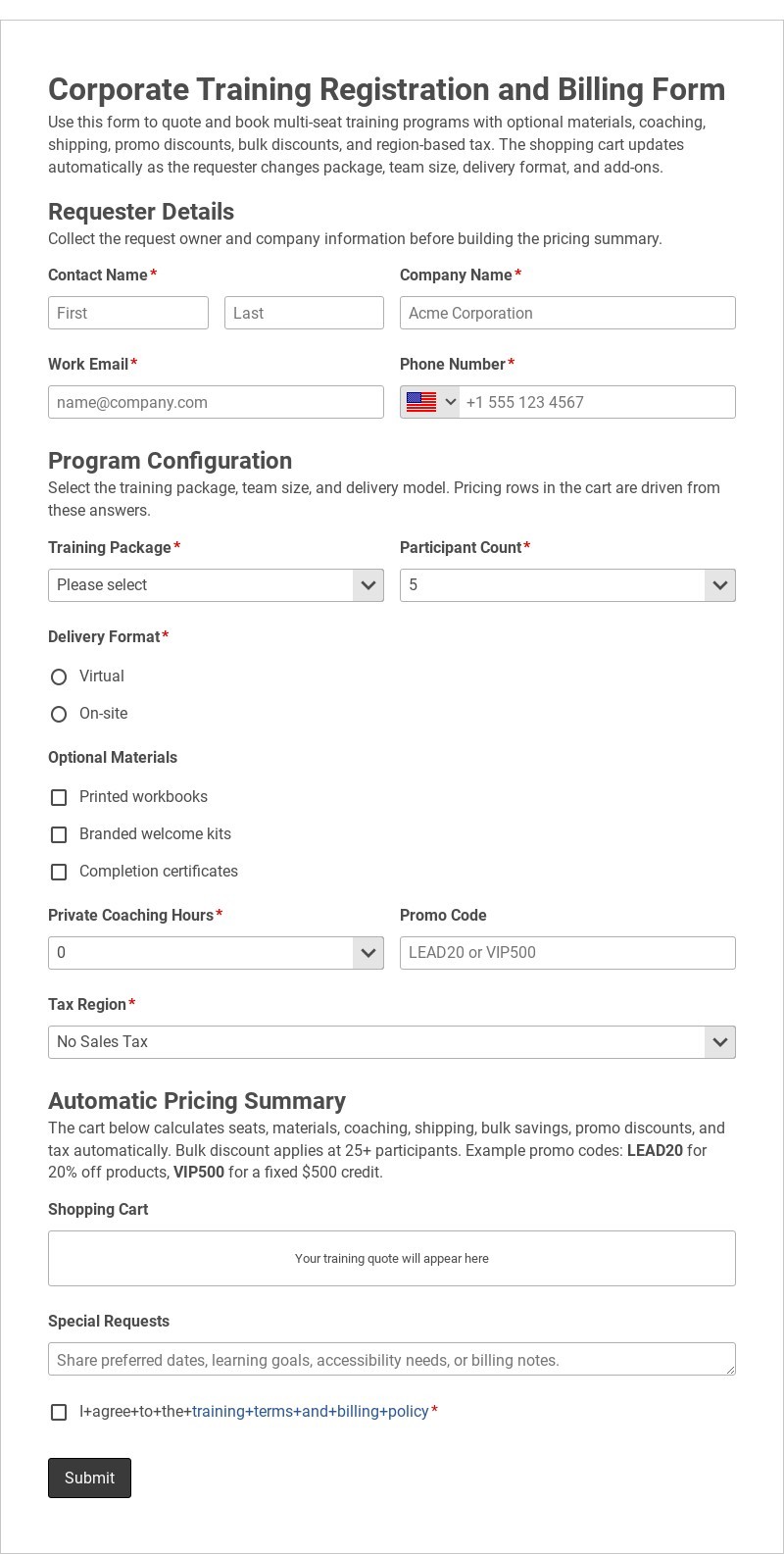 Corporate Training Registration and Billing Form