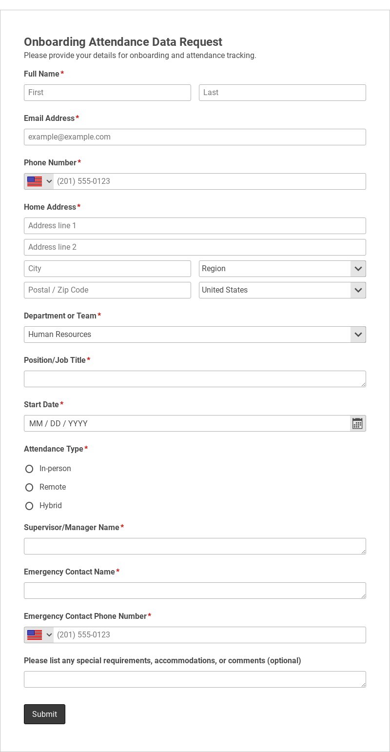 Onboarding Attendance Data Request Template form template