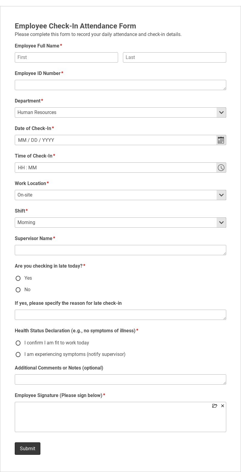 Employee Check-In Attendance Form