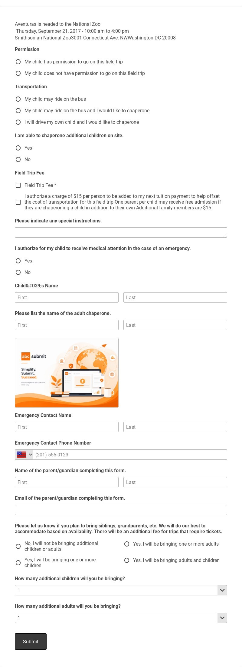 Aventuras National Zoo 2017 Field Trip Form Template form template