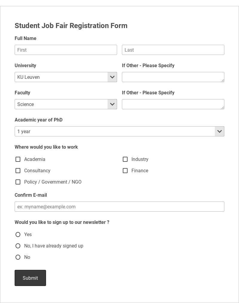 Student Job Fair Registration Form Template form template