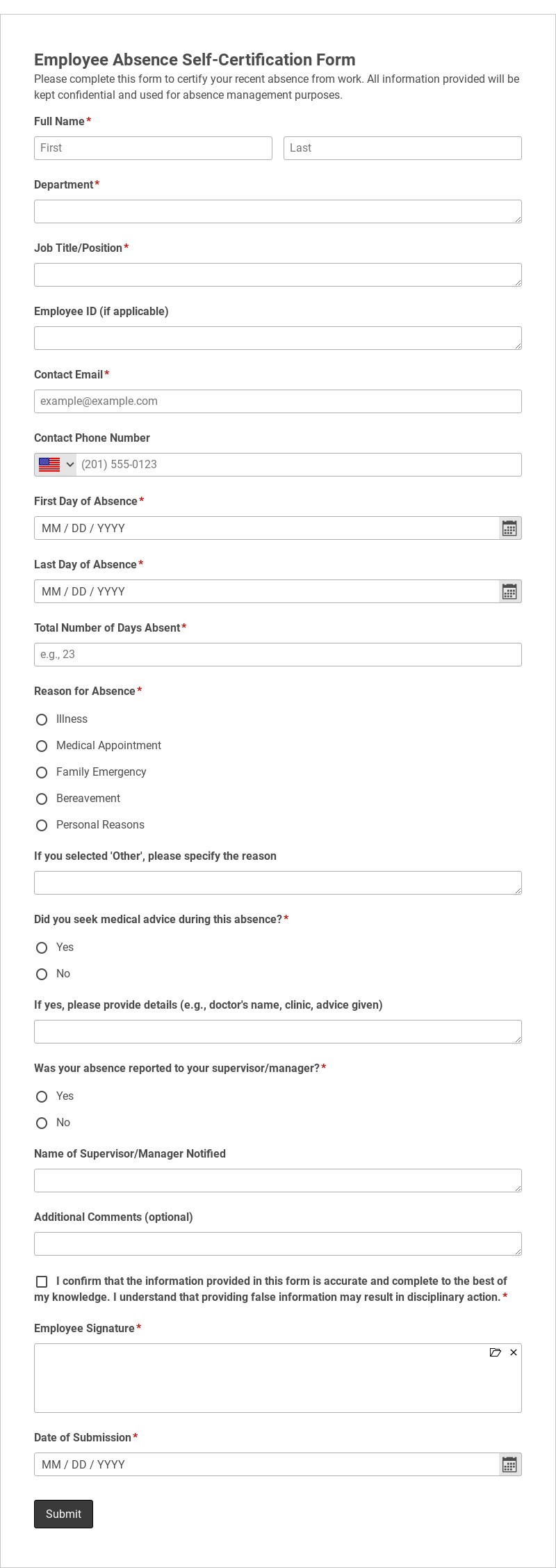 Employee Absence Self-Certification Form