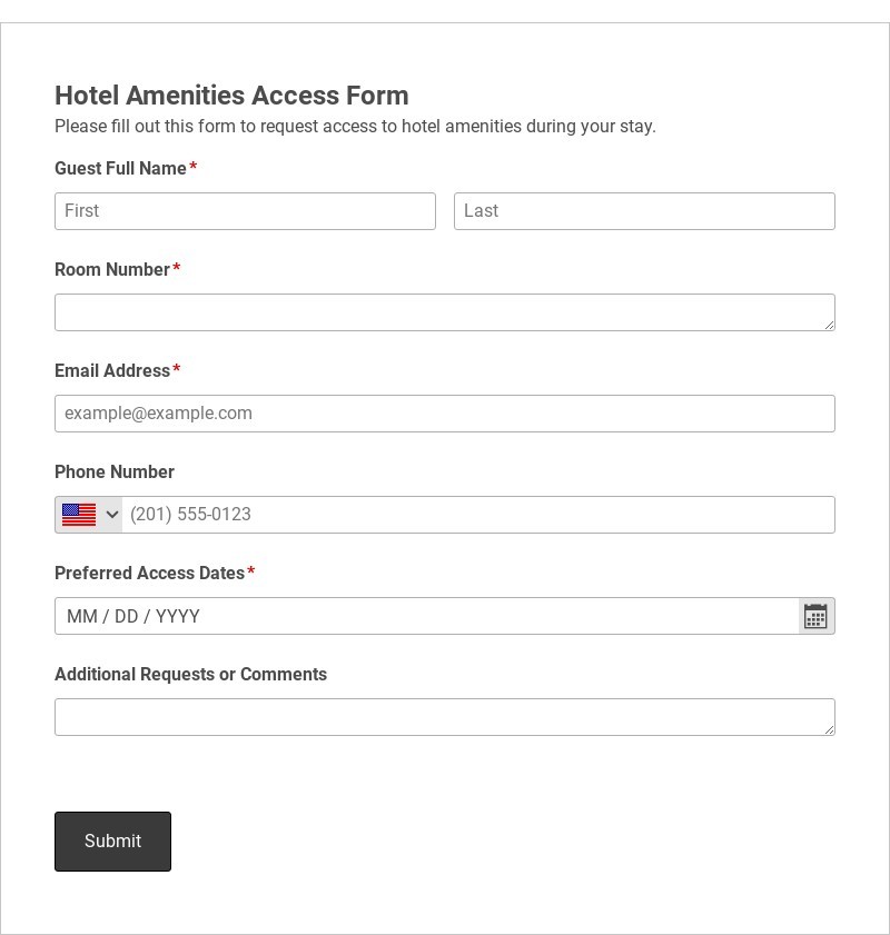 Hotel Amenities Access Form Template form template