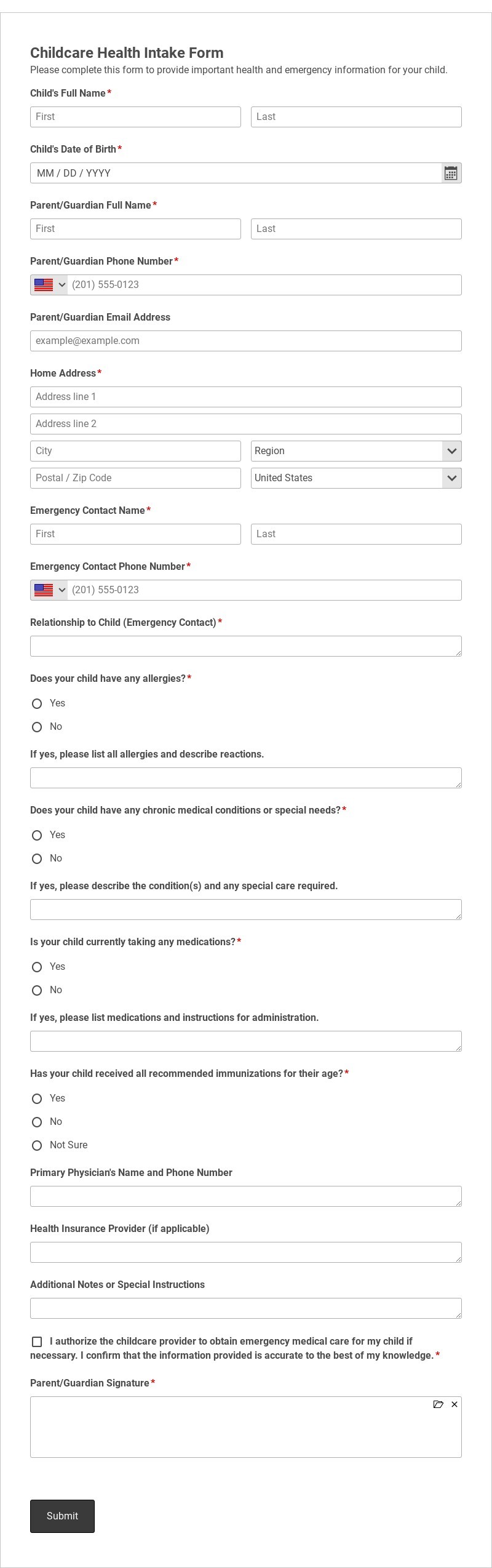 Childcare Health Intake Form Template form template