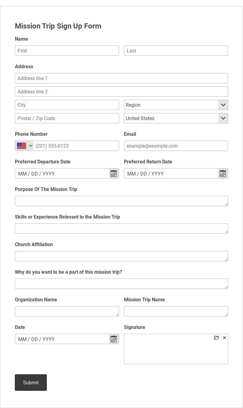 Mission Trip Sign Up Form Template form template