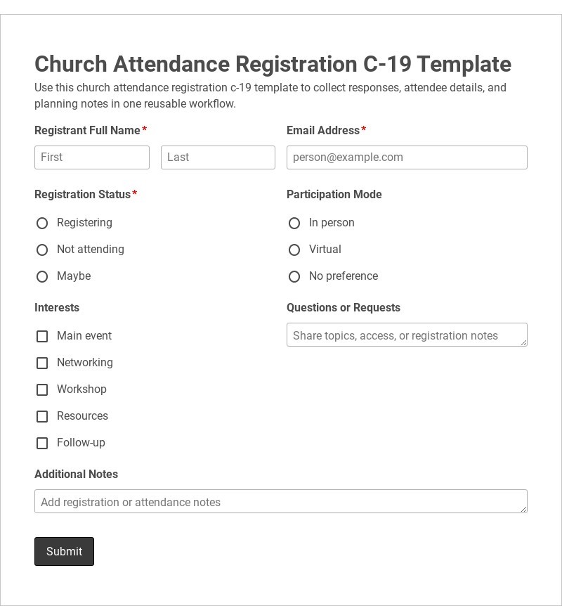 Church Attendance Registration C-19 Template form template