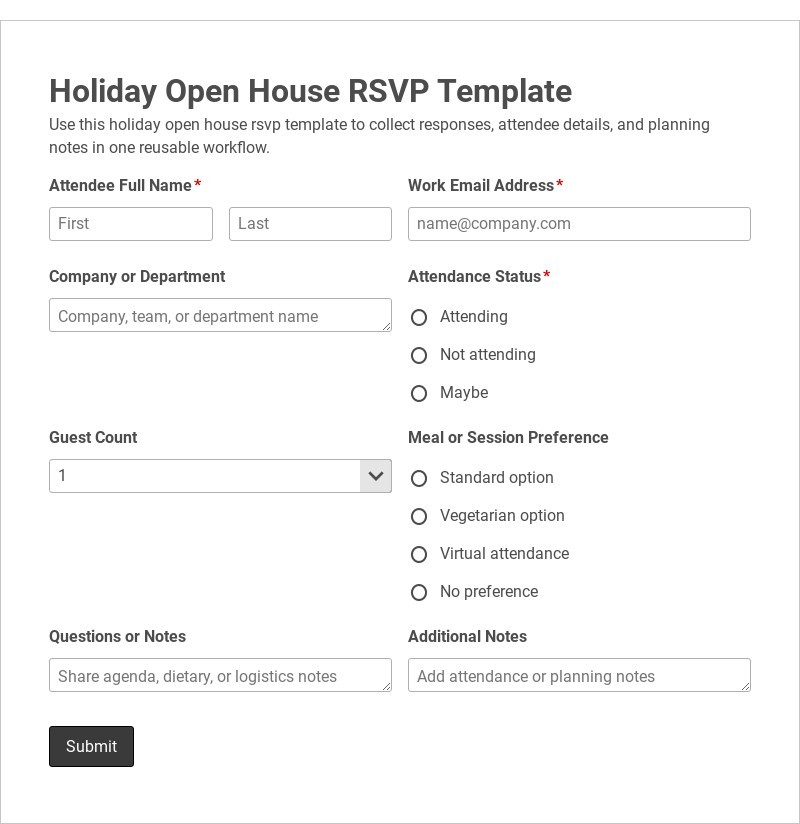 Holiday Open House RSVP Template form template
