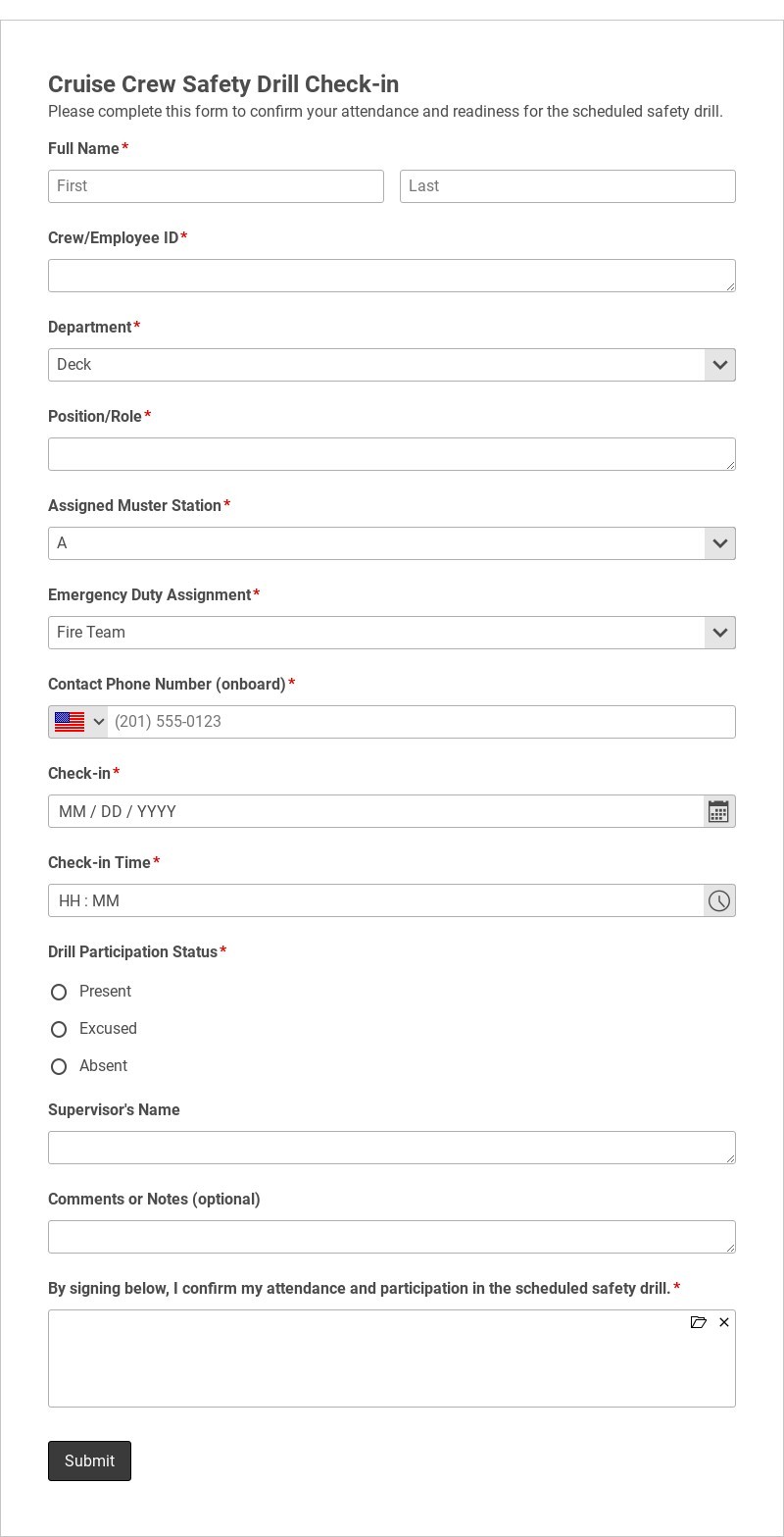 Cruise Crew Safety Drill Check-in Template form template