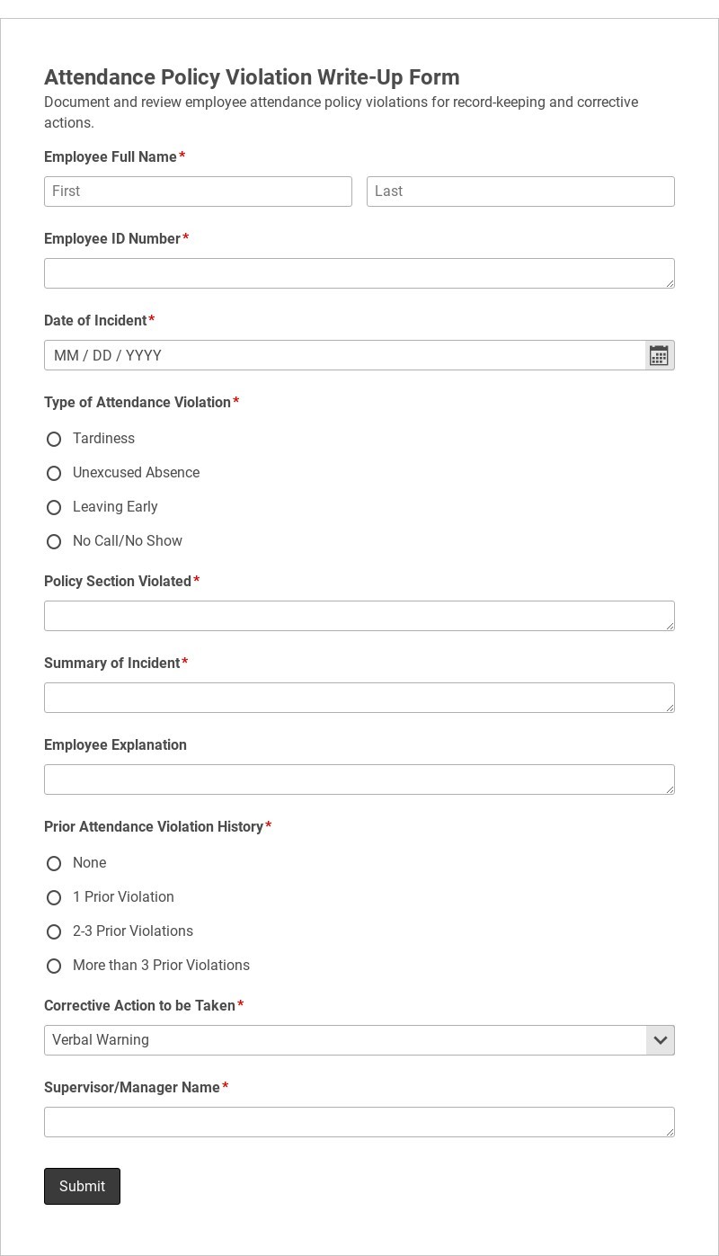 Attendance Policy Violation Write-Up Form Template