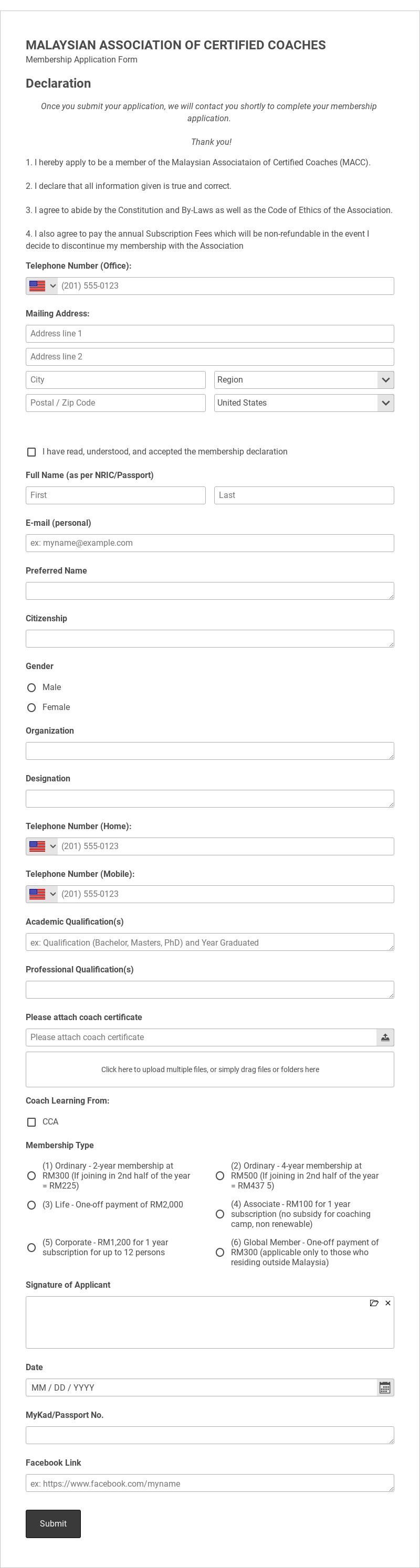 Association Membership Registration Form Template
