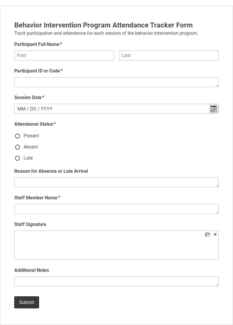 Behavior Intervention Program Attendance Tracker Form Template form template