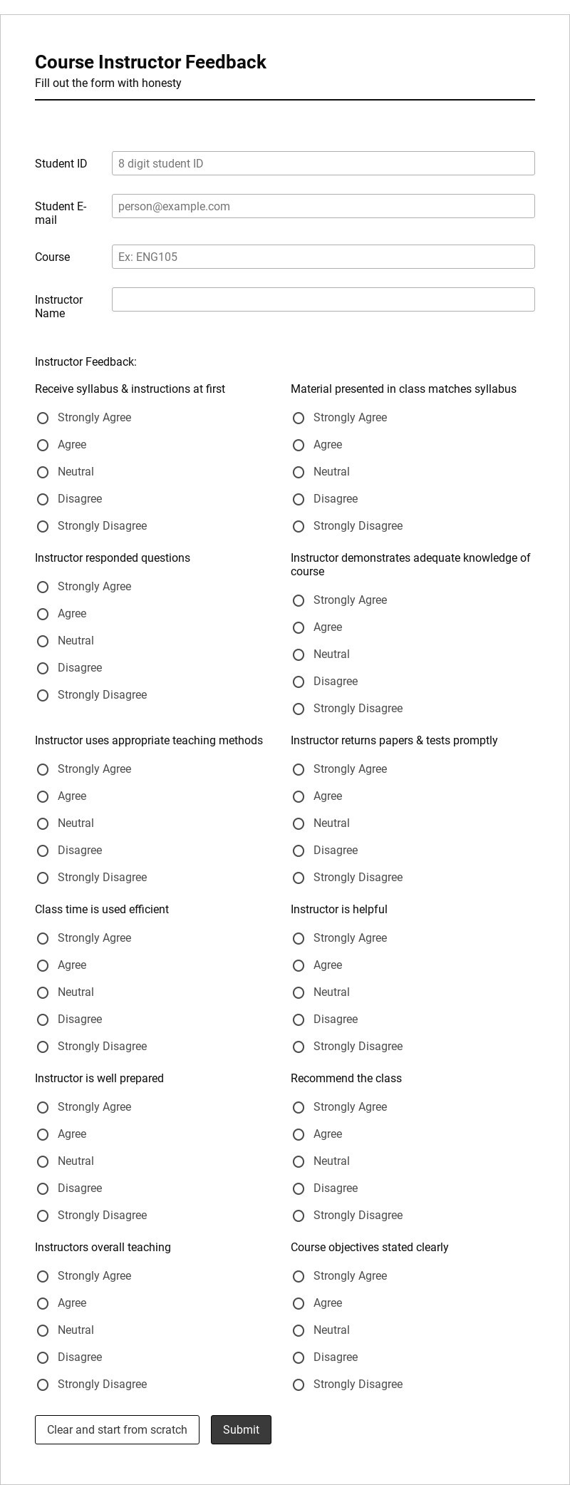 Ready to use Course Instructor Feedback Form 