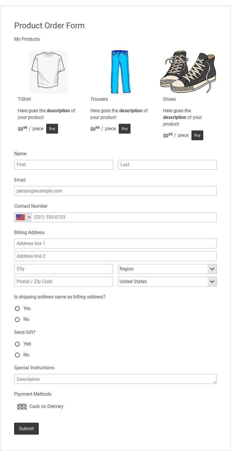Free Product Order Form
