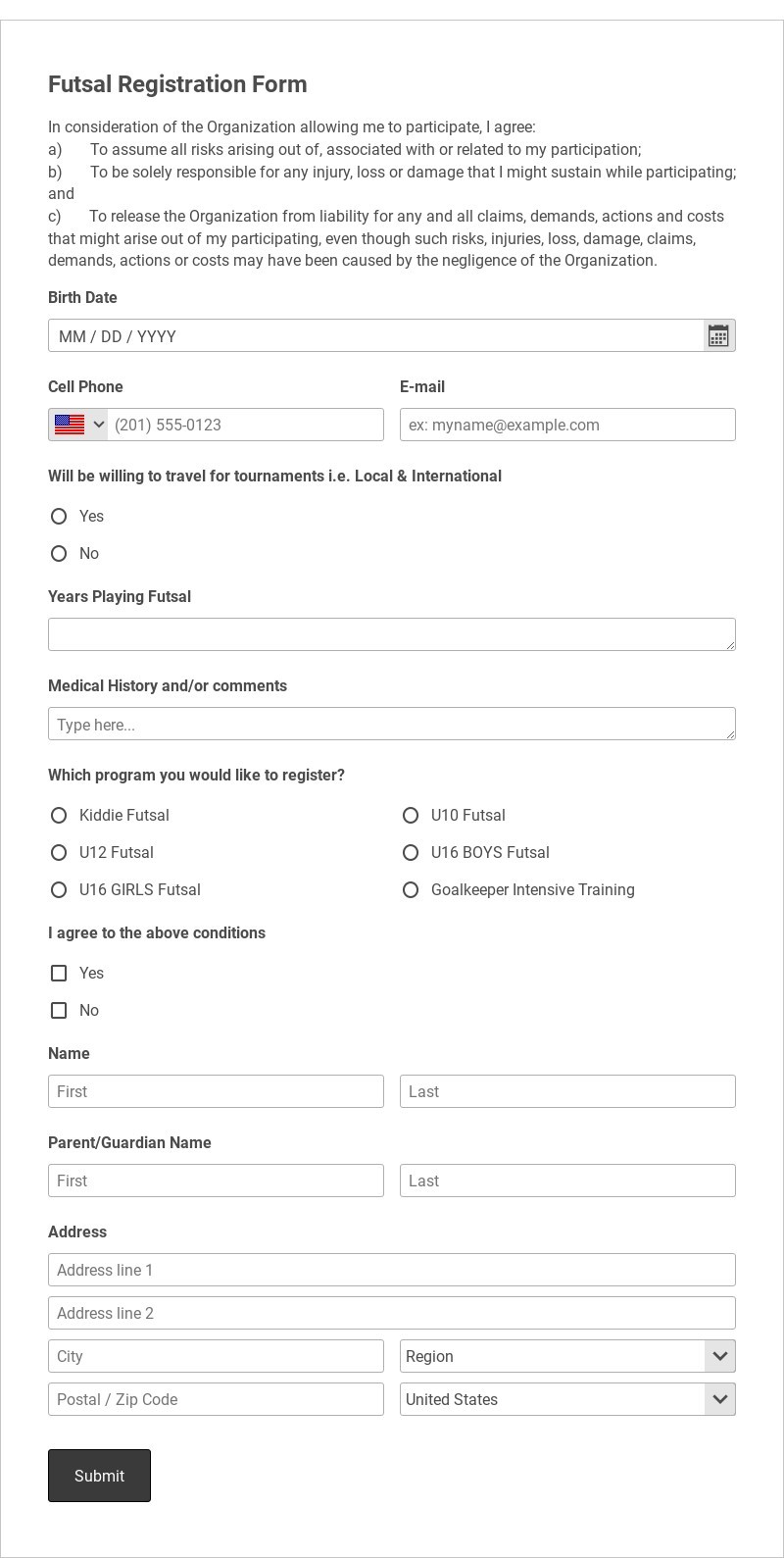 Futsal Registration Form Template form template