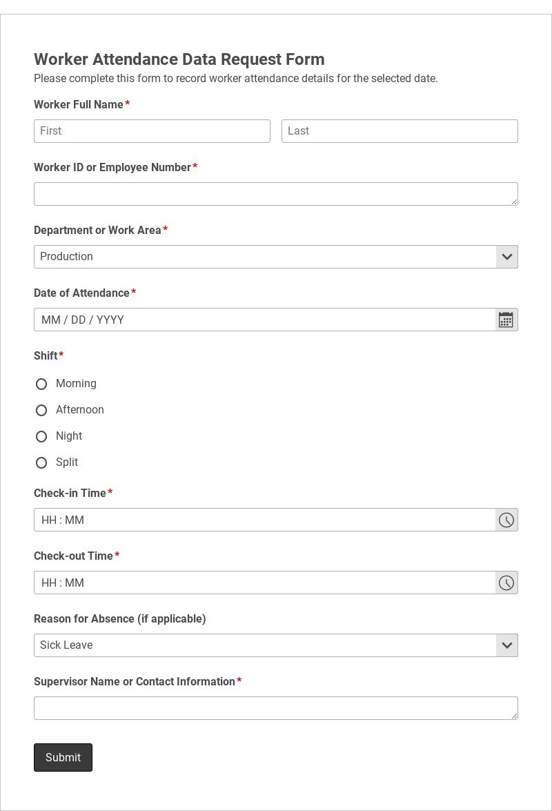 Worker Attendance Data Request Form
