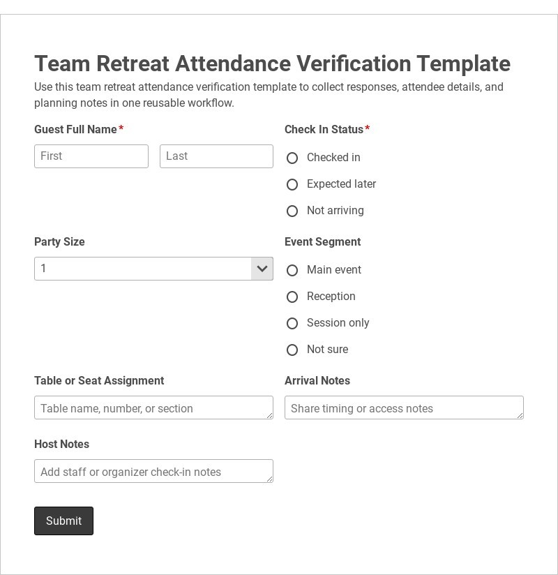Team Retreat Attendance Verification Template form template