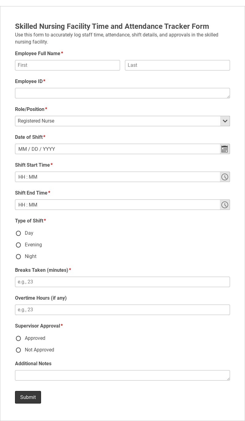 Skilled Nursing Facility Time and Attendance Tracker Form Template