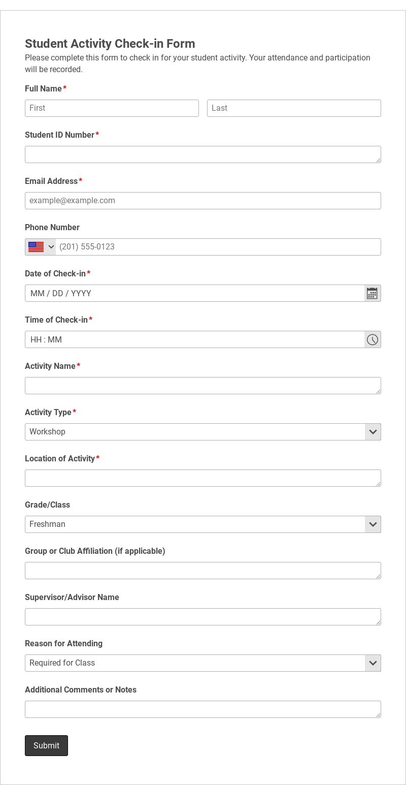 Student Activity Check-in Form Template form template