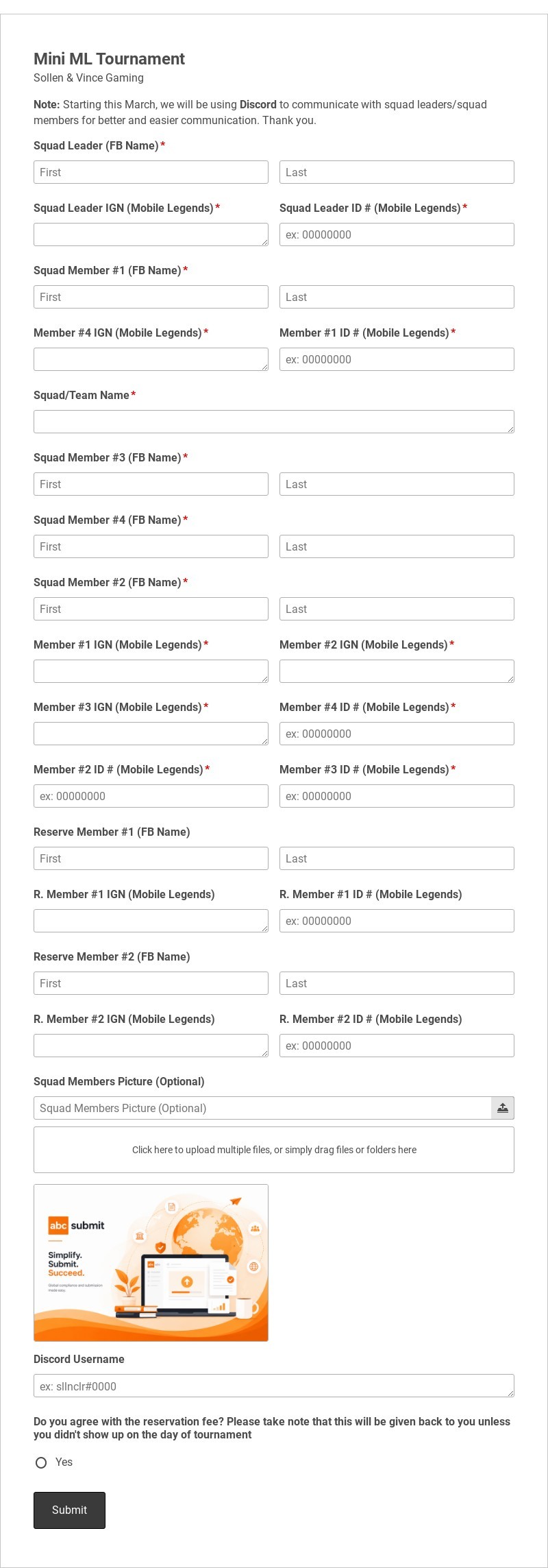 ML Tournament Registration Form Template form template