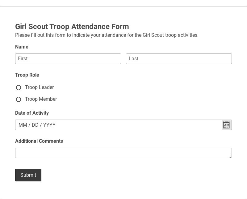 Girl Scout Troop Attendance Form