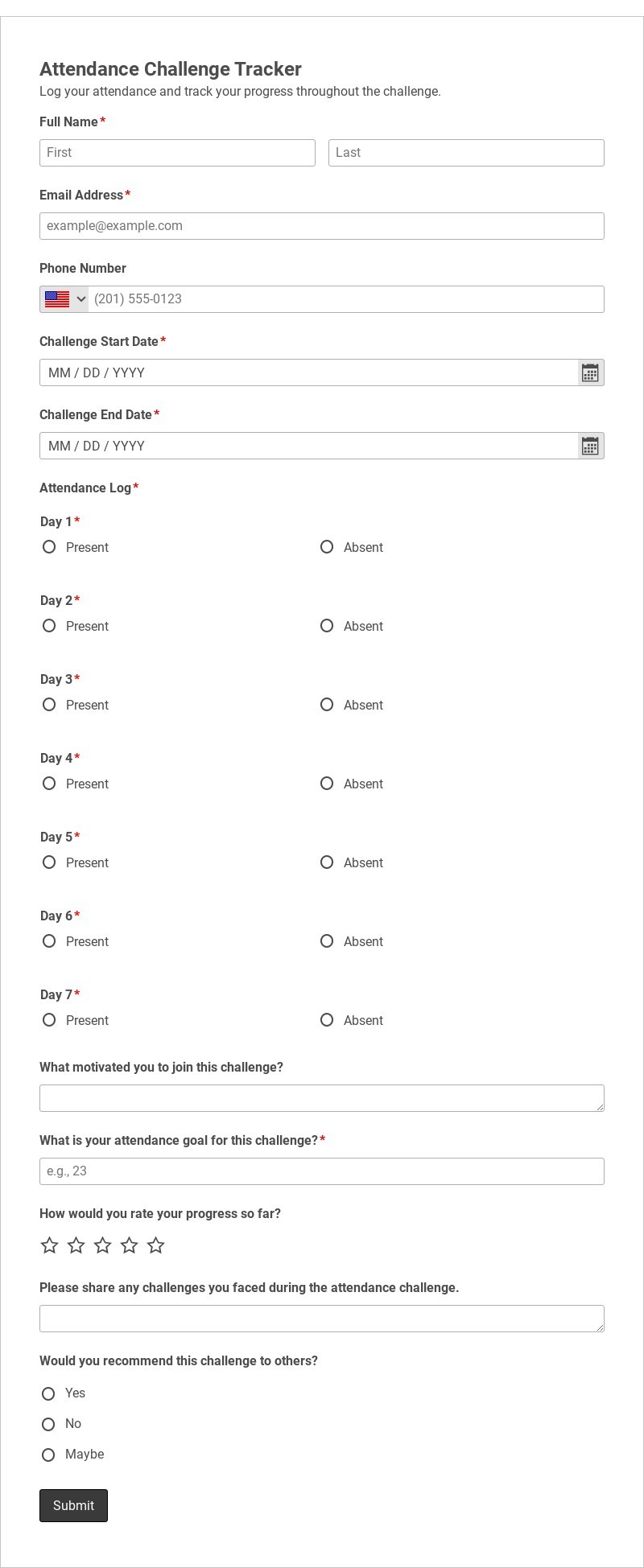 Attendance Challenge Tracker Template form template
