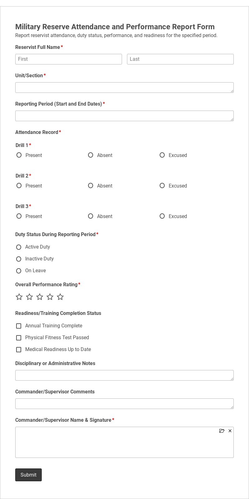 Military Reserve Attendance and Performance Report Form Template