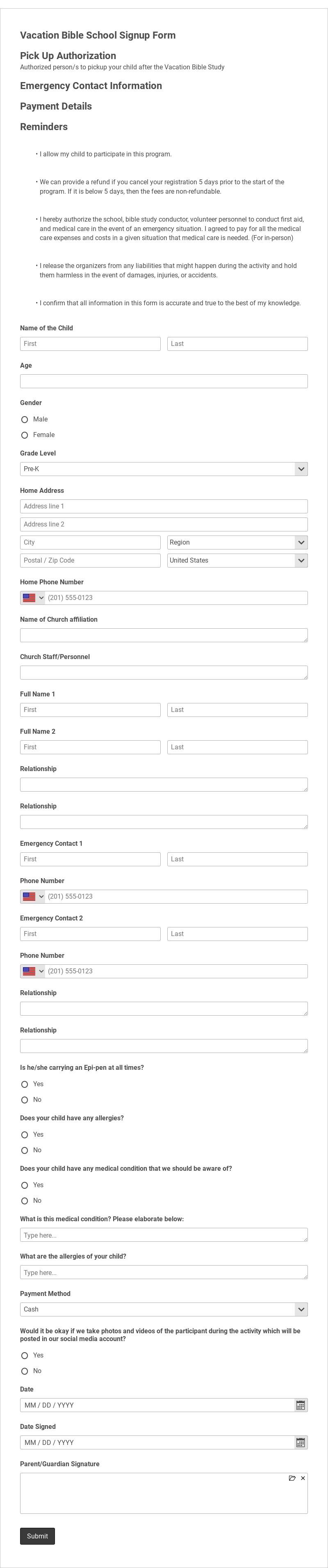 Vacation Bible School Signup Form Template form template