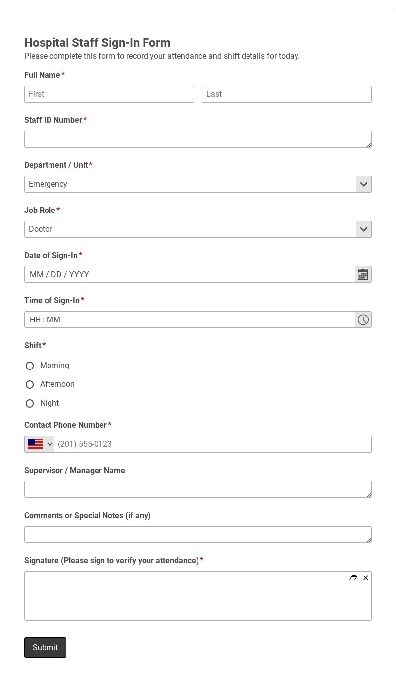 Hospital Staff Sign-In Form