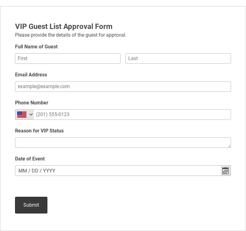 VIP Guest List Approval Form Template form template