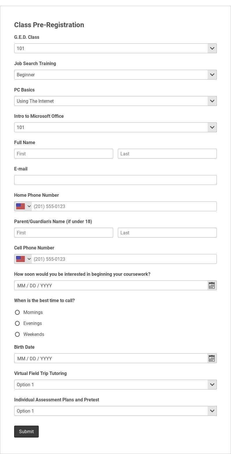 Education Class Registration Form Template form template