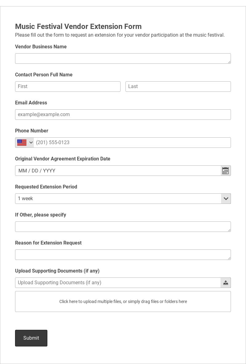 Music Festival Vendor Extension Form Template form template