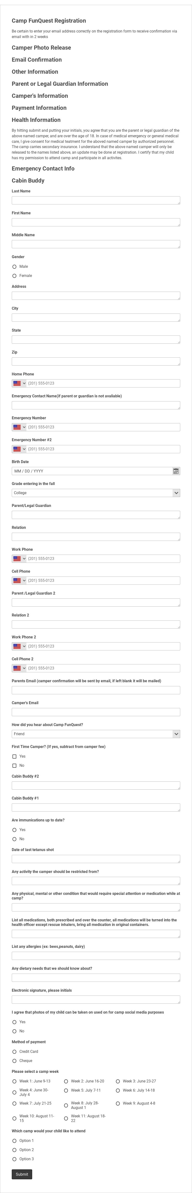 Camp Fun Quest Registration Form Template form template