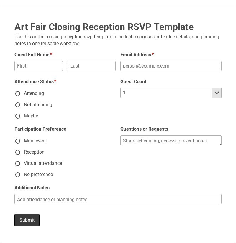Art Fair Closing Reception RSVP Template form template