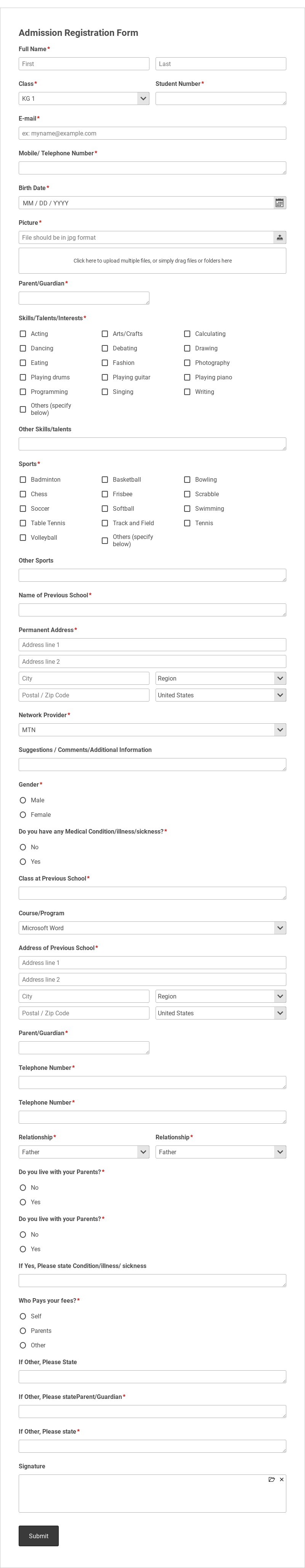 Admission Registration Form Template