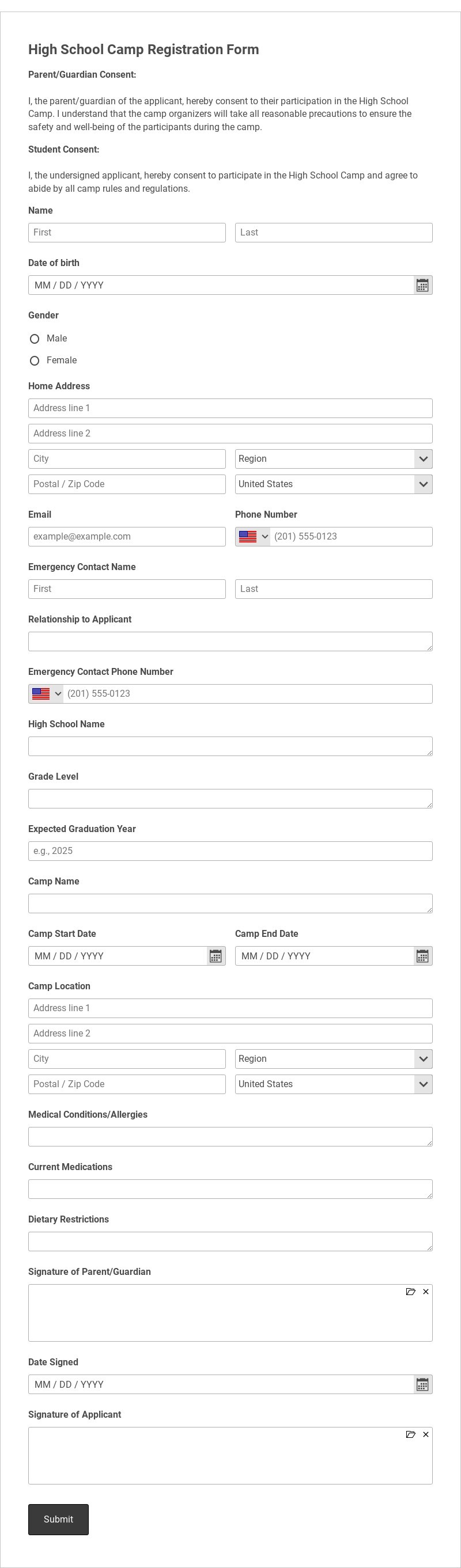 High School Camp Registration Form Template