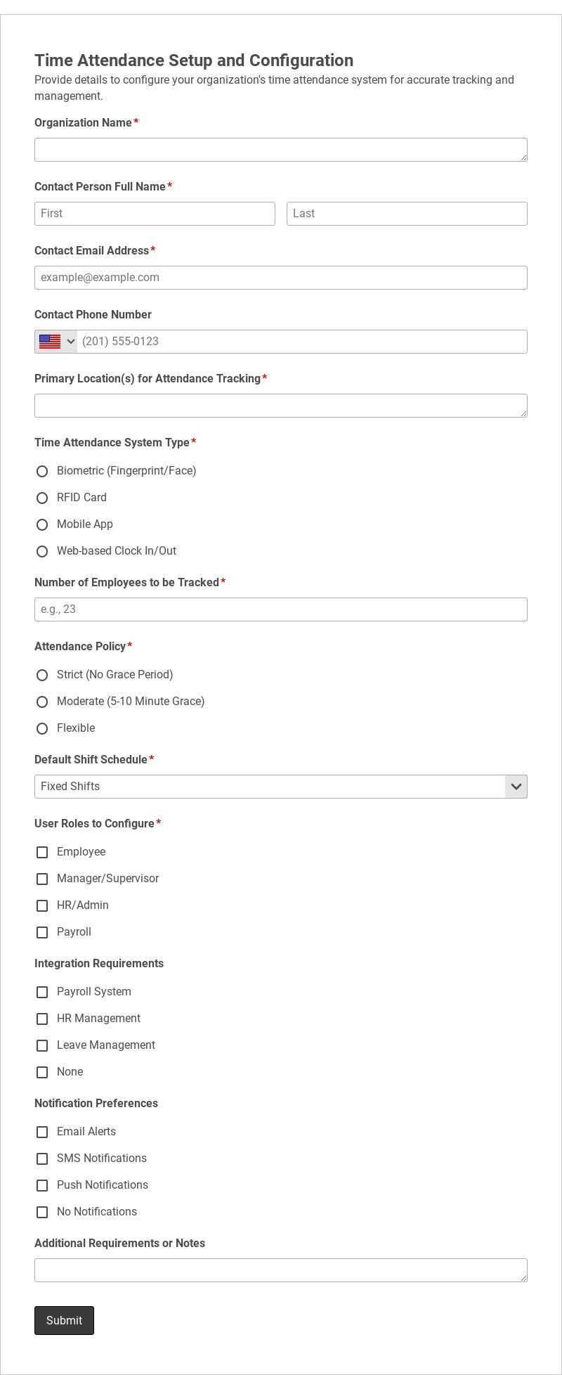 Time Attendance Setup and Configuration Form Template form template