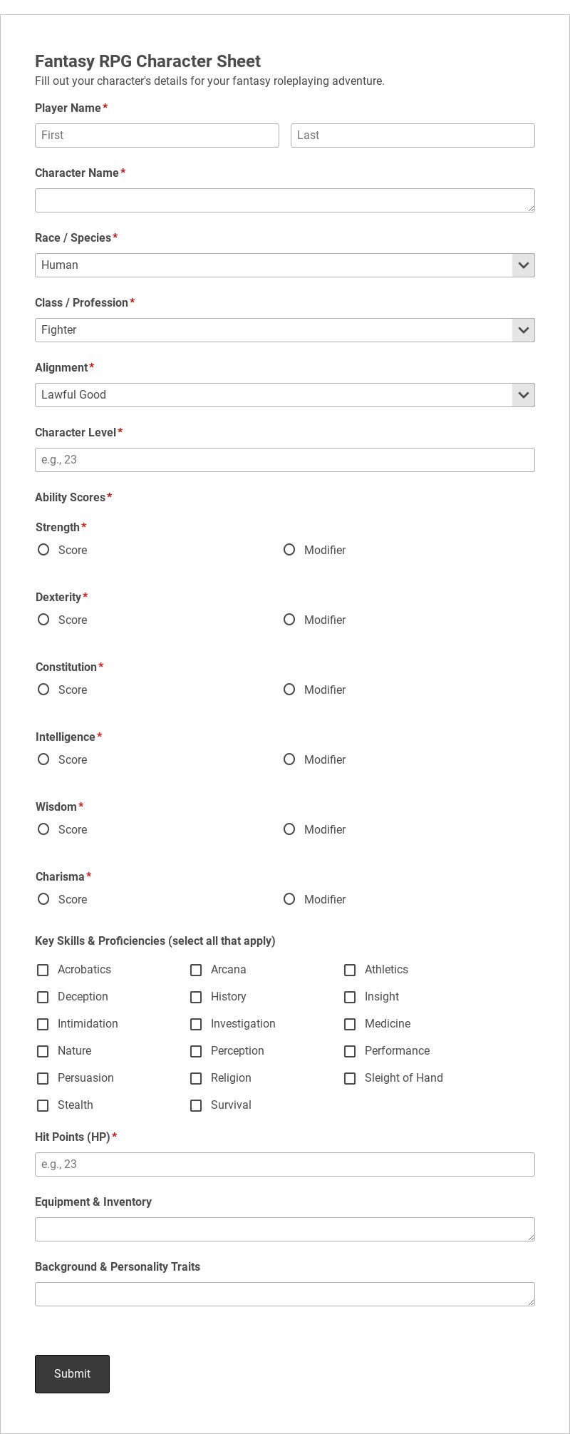 Fantasy RPG Character Sheet Template form template
