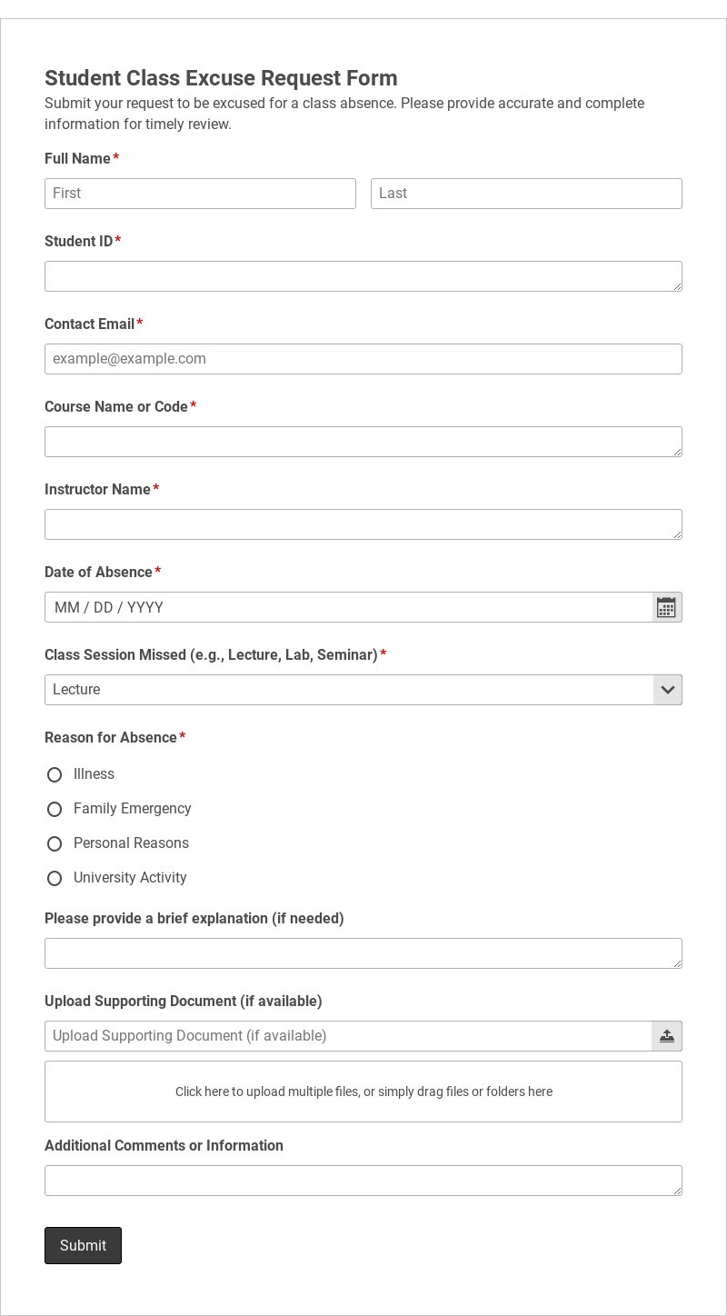 Student Class Excuse Request Form Template form template